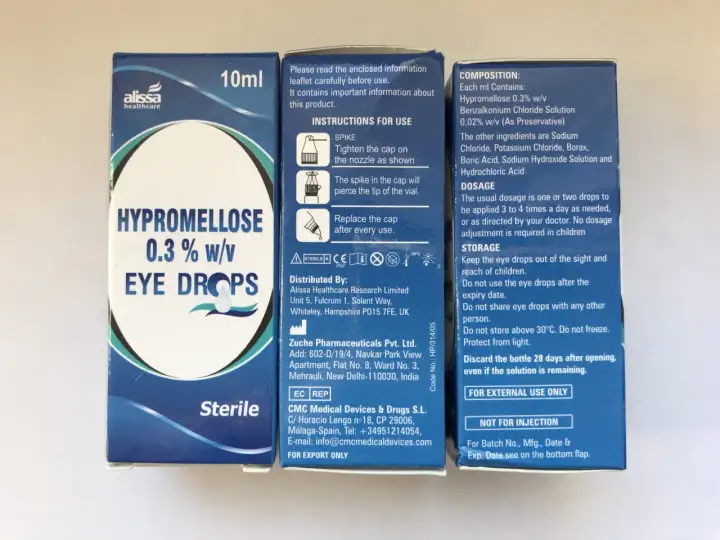 Pudełko kropli do oczu Hypromeloza 0,3% w/w, 10 ml, z instrukcją użycia.