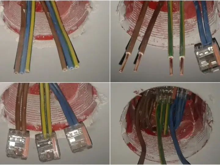 Instalacja elektryczna: jaki kabel do gniazdek? Widać przewody fazowe, neutralne i ochronne połączone złączkami w puszkach.