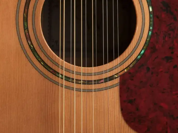 Zbliżenie na gitarę 12 strunową, widoczne struny i ozdobne rozety. Strojenie gitary 12 strunowej to precyzyjne zadanie.