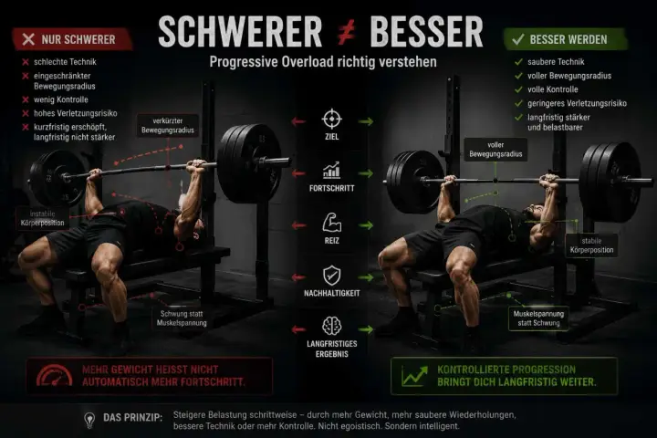 Vergleich von Training: links mit schlechter Technik und instabiler Position für kurzfristige Erfolge, rechts mit voller Kontrolle und sauberer Ausführung für effektiven Muskelaufbau.