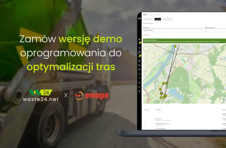 Oprogramowanie do optymalizacji tras Waste24.net i Emapa prezentuje wyznaczanie trasy dojazdu z zaznaczonymi punktami i czasem przejazdu.