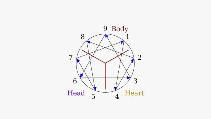 Schema dell'enneagramma con numeri da 1 a 9, frecce blu e linee rosse. Il numero 4 è associato al "Cuore".