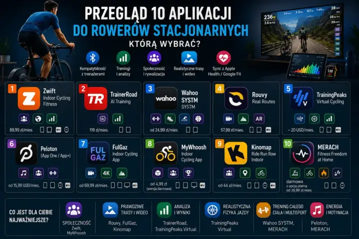 Przegląd 10 aplikacji na rower stacjonarny: Zwift, TrainerRoad, Wahoo SYSTM, Rouvy, TrainingPeaks Virtual Cycling, Peloton, FulGaz, MyWhoosh, Kinomap, Merach. Wybierz najlepszą aplikację na rower.