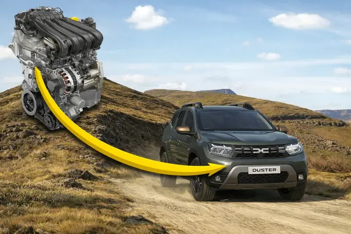 Silnik Dacia Duster 2 na tle górskiego krajobrazu. Żółta strzałka symbolizuje moc i dynamikę.
