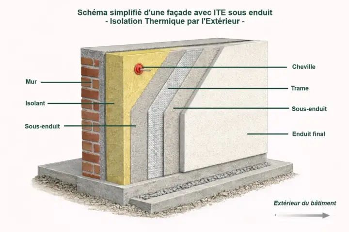 Coupe d'un mur montrant l'isolation thermique par l'extérieur (ITE) : mur, isolant, sous-enduit, trame, cheville, enduit final.