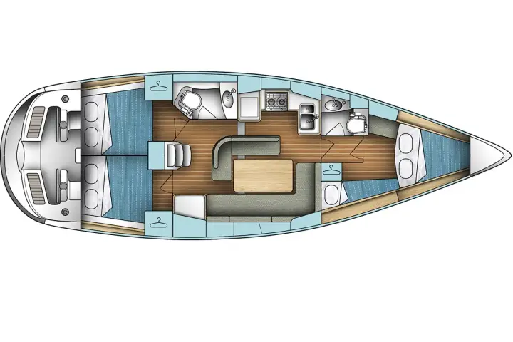 Schéma voilier vu de dessus : cabines, salle de bain, cuisine, salon avec table et banquettes.