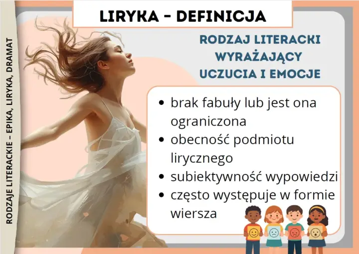 Liryka – rodzaj literacki wyrażający uczucia i emocje, często w formie wiersza. Obraz przedstawia tańczącą kobietę, symbolizującą wolność i ekspresję.