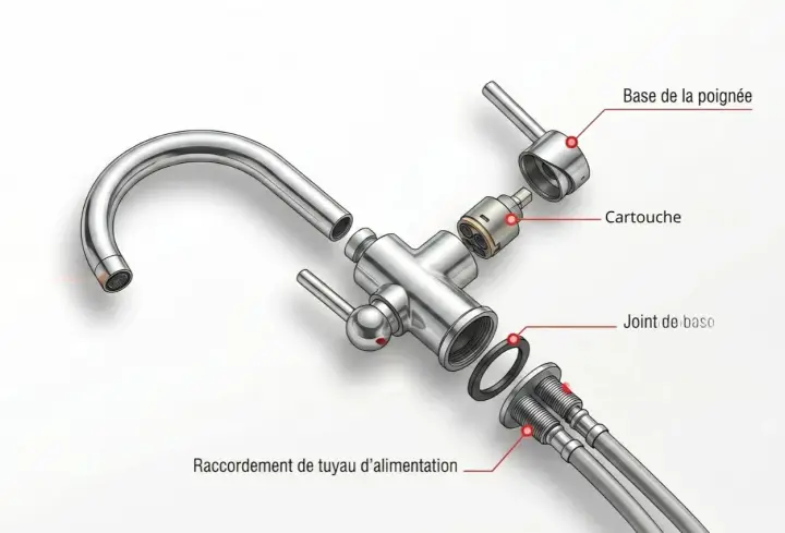 Vue éclatée d'un robinet, montrant la cartouche et le raccordement du tuyau d'alimentation. Un robinet qui goutte peut être dû à une cartouche défectueuse.