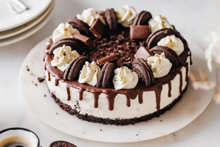 Ein köstlicher Oreo Cheesecake mit Schokoladenglasur und Sahnetupfern. Perfekt für jeden Schokoladenliebhaber.