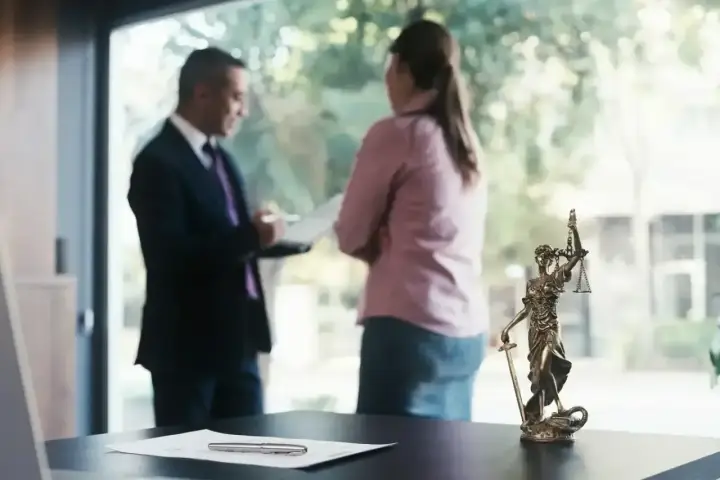 Mecenas, kto to? Prawnik w garniturze rozmawia z klientką przy biurku z figurką Temidy.