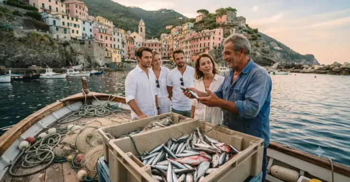 Un pescatore mostra il suo pescato a turisti in barca, un'esperienza di pescaturismo con le case colorate di Riomaggiore sullo sfondo.