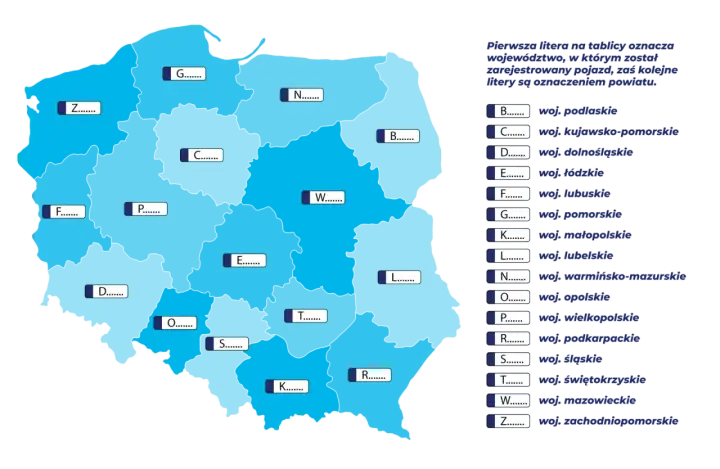 Mapa Polski z zaznaczonymi województwami i literami, które są skrótem tablic rejestracyjnych.