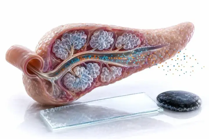 Pancreas che rilascia amilasi e lipasi. Le sfere blu e arancioni rappresentano gli enzimi digestivi.