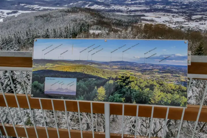 Widok z wieży widokowej na ośnieżony las i panoramę gór z tablicą informacyjną.