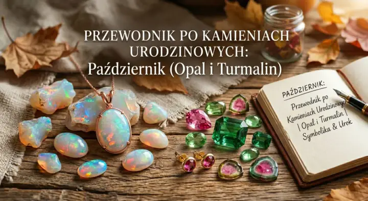 Opal i turmalin, kamienie urodzeniowe października, lśnią obok naszyjnika i kolczyków. Przewodnik po symbolice i uroku.