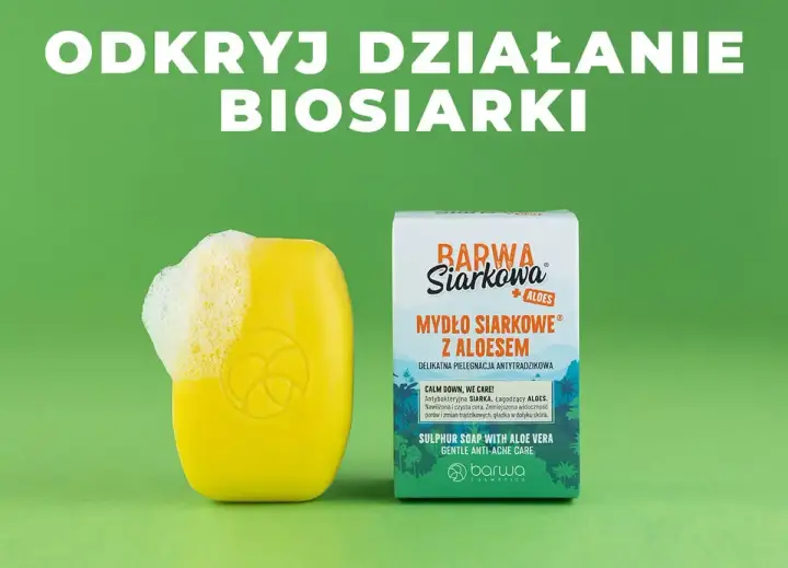 Żółte mydło z pianą i opakowanie "Mydło Siarkowe z Aloesem". Odkryj działanie siarki w pielęgnacji.