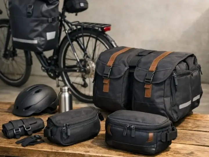 Rowerzysta przygotowuje się do wyprawy, wybierając jakie sakwy rowerowe zabrać. Na stole leżą czarne torby, kask i bidon.