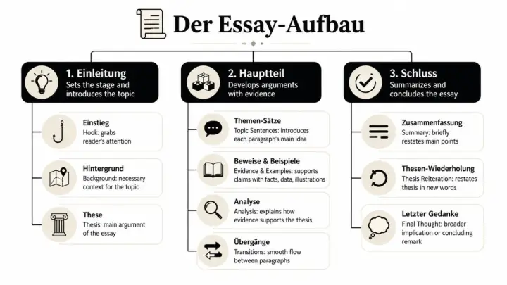 Schema zum Aufbau eines Essays: Einleitung, Hauptteil mit Analyse, Schluss. Hilft beim Analyse schreiben Englisch.