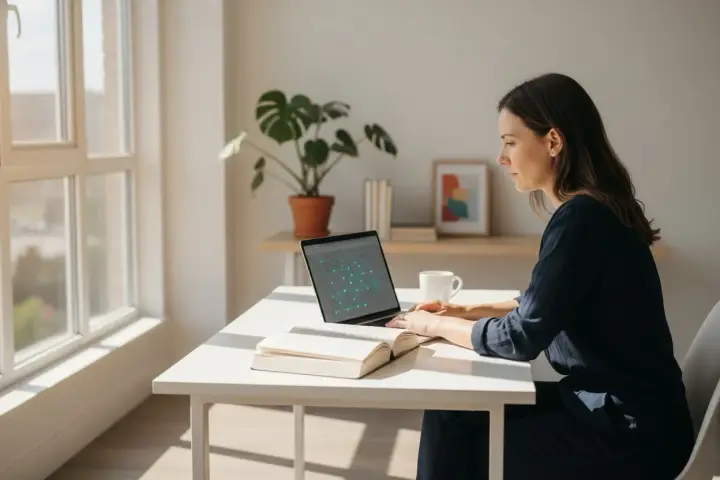 Kobieta pracuje przy laptopie, na ekranie schemat. Obok otwarta książka i kubek. Zastanawia się, studia podyplomowe co to?