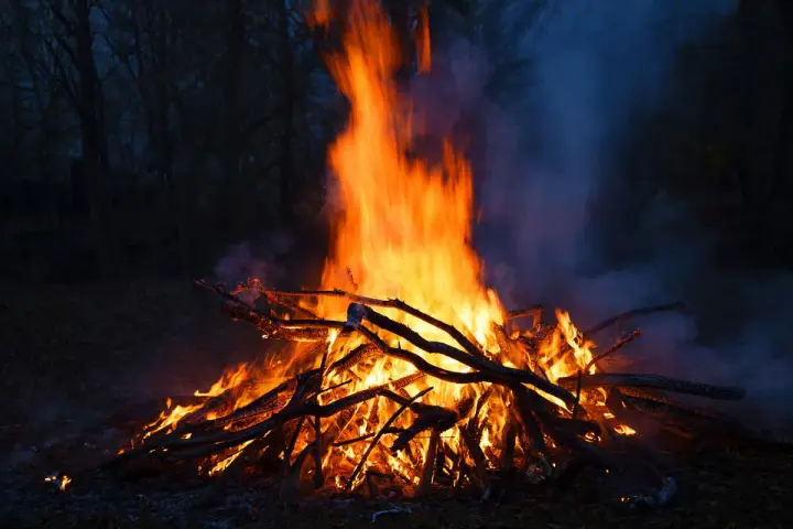 Jasne, że można palić ognisko na działce, ale z głową! Duże ognisko płonie w ciemności, otoczone drzewami.
