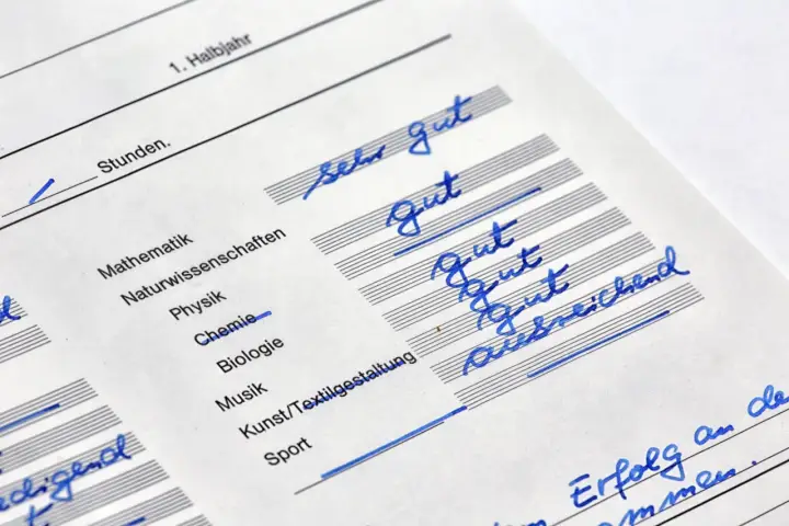Zeugnis mit vielen guten Noten in Fächern wie Mathematik und Physik. Ein Schüler freut sich über gute Noten.