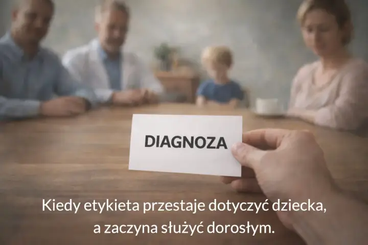 Dyskalkulia co to? Rodzina przy stole, ręka trzyma kartkę z napisem "DIAGNOZA". Kiedy etykieta przestaje dotyczyć dziecka, a zaczyna służyć dorosłym.