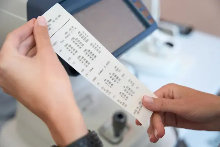 Dłonie trzymają wydruk z danymi optometrycznymi, gdzie widoczny jest numer paragonu.