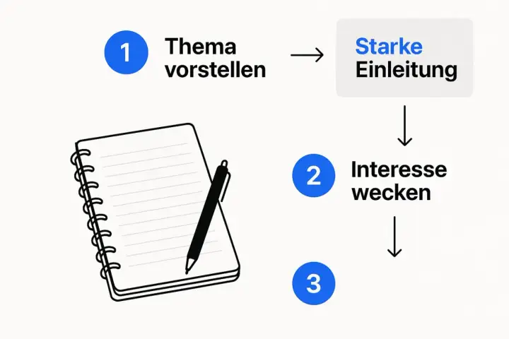 Schritt 1: Thema vorstellen für eine starke Einleitung. Ein Notizbuch mit Stift liegt bereit. Dann Interesse wecken (Schritt 2) und weiter (Schritt 3).