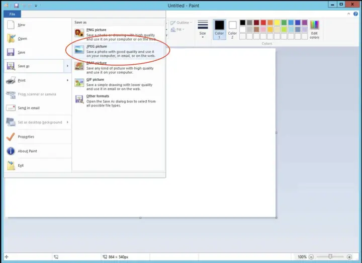Jak zrobić screena na laptopie? W Paint wybierz "Plik", "Zapisz jako", a następnie "Obraz JPEG".