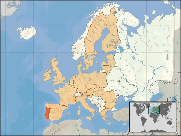 Mapa Europy z zaznaczoną na czerwono Portugalią.