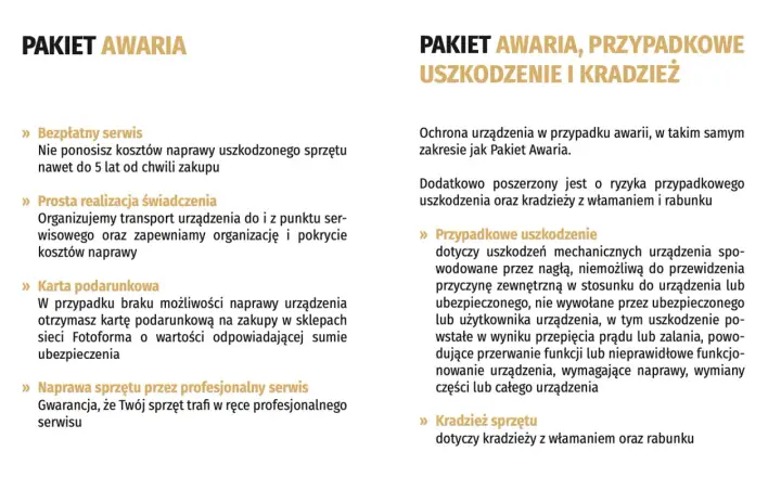 Ubezpieczenie aparatu fotograficznego: Pakiet Awaria chroni przed uszkodzeniem, a Pakiet Awaria, Przypadkowe Uszkodzenie i Kradzież dodatkowo przed kradzieżą.