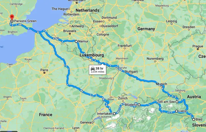 Trasa plan podróży samochodem po Europie: z Londynu przez Francję, Luksemburg, Niemcy, Austrię do Słowenii.