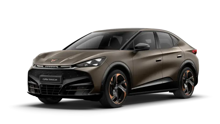 Brązowy Cupra Tavascan z miedzianymi akcentami na felgach i karoserii. Nowoczesny design SUV-a coupe.