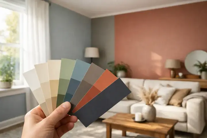 En hand håller upp en färgpalett med nyanser av beige, grönt, blått och terrakotta. En inbjudande inredning med soffa och bord syns i bakgrunden.