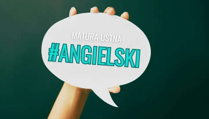 Dłoń trzyma dymek z napisem "MATURA USTNA #ANGIELSKI".