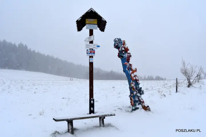 Zimowy krajobraz z ławką i drogowskazem turystycznym. Obok kolorowa rzeźba, być może symbolizująca skopiec szczyt.