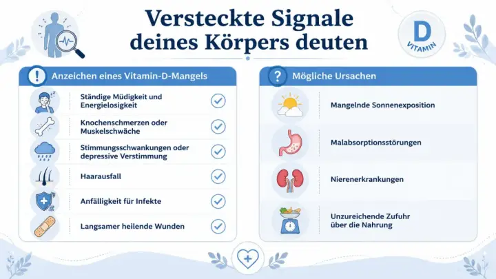 Objawami niedoboru witaminy D mogą być zmęczenie, bóle kości, problemy z nastrojem, wypadanie włosów. Przyczyny to m.in. brak słońca, problemy z wchłanianiem, choroby nerek, dieta.