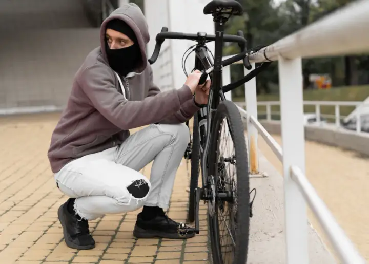 Mężczyzna w masce i kapturze próbuje ukraść rower, odpinając go od poręczy.