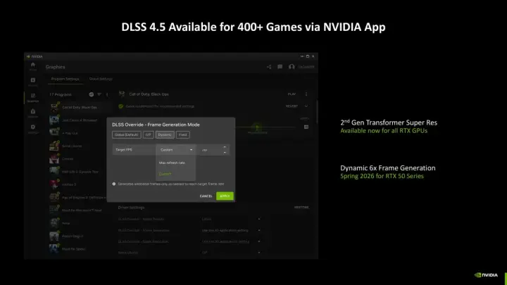 NVIDIA App pokazuje, jak włączyć DLSS dla gry Call of Duty: Black Ops, ustawiając tryb generowania klatek.