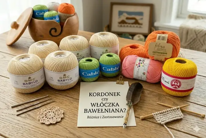 Różne rodzaje włókien: bawełniane kordonki i włóczki w pastelowych kolorach, przybory do szydełkowania i druty.