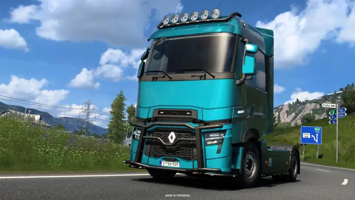 Turkusowa ciężarówka w Euro Truck Simulator 2 PS5 na górskiej drodze.