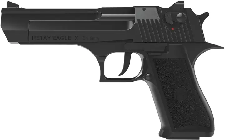 Czarny pistolet Retay Eagle X Cal 9mm, przypominający wyglądem model Desert Eagle, często kojarzony ze stalkerami.