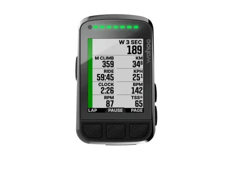 Wahoo ELEMNT Bolt z polskim menu. Wyświetla dane o jeździe: przewyższenie, czas, prędkość, tętno i inne.