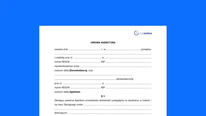 Umowa agencyjna z logo rcponline. Dokument zawiera pola do wypełnienia danych stron umowy, w tym Zleceniodawcy i Agenta.