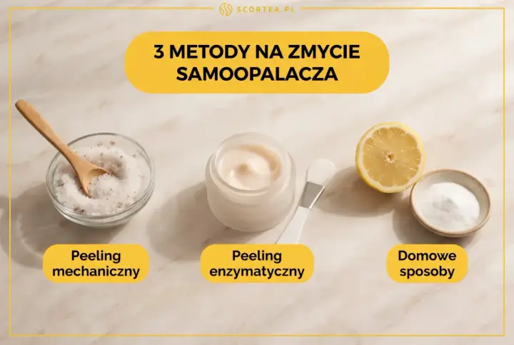 3 metody na zmycie samoopalacza: peeling mechaniczny (sól), enzymatyczny (krem) i domowe sposoby (cytryna, soda).