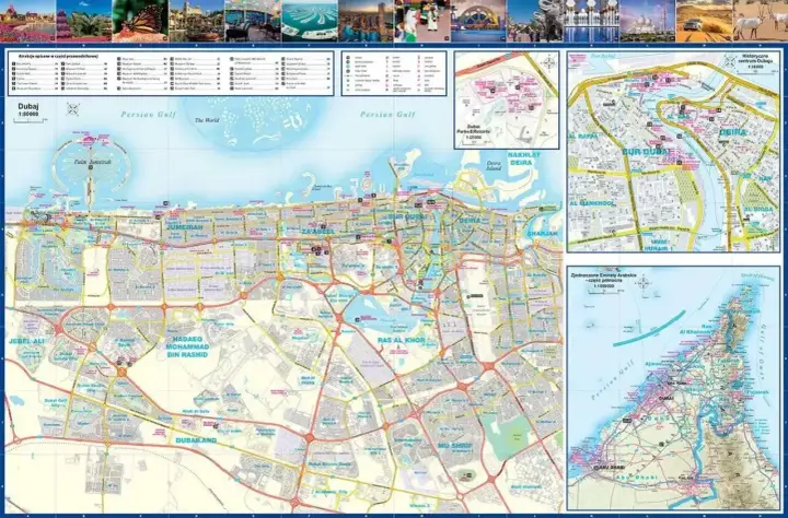 Mapa Dubaju z zaznaczonymi atrakcjami, Palm Jumeirah i Zatoką Perską.