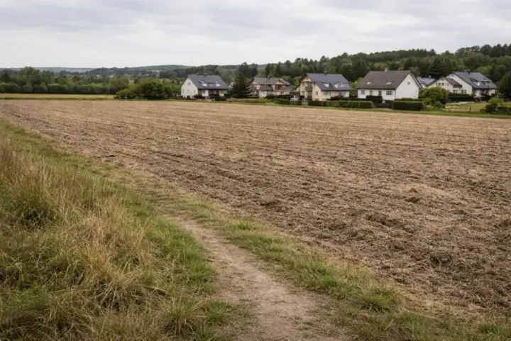 Pola po odrolnieniu działki, gotowe pod budowę domów. W tle widać zabudowania i las.
