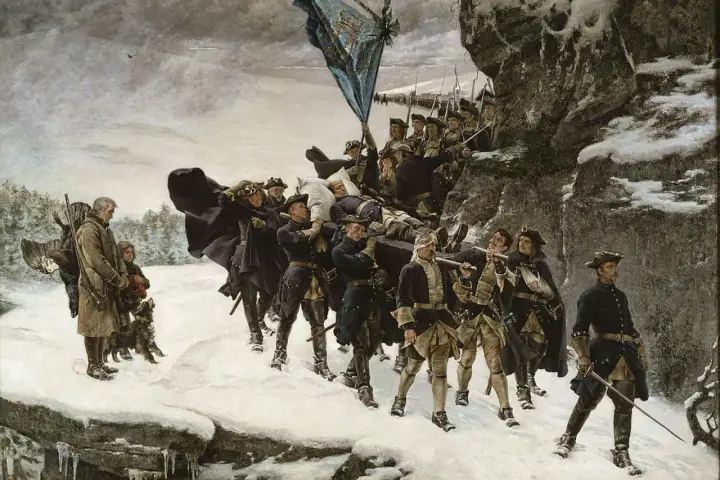 Soldater bär en död kung över snöig mark. En scen som påminner om Sverige Danmark krig.
