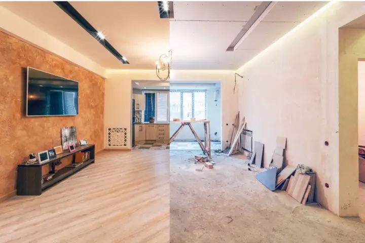 Remont starego domu od czego zacząć? Podzielony obraz pokazuje salon po remoncie i stan surowy.