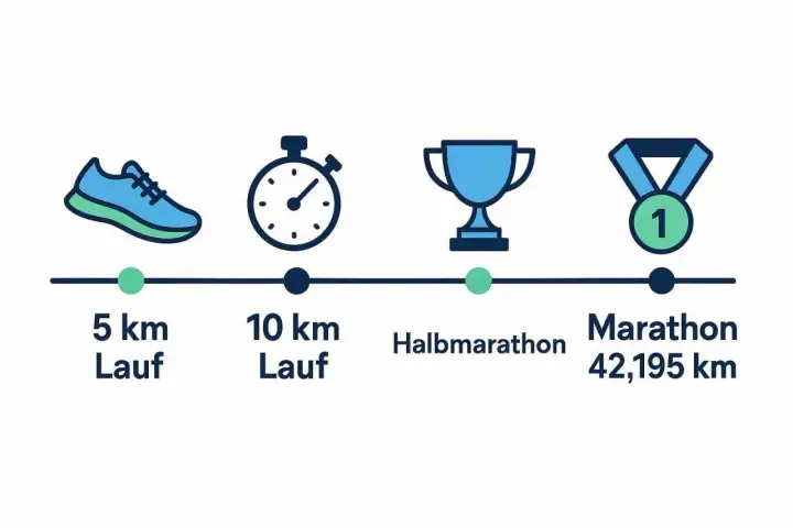 Laufziele: 5 km, 10 km, Halbmarathon, Marathon (42,195 km). Icons zeigen Fortschritt im Marathon Training.